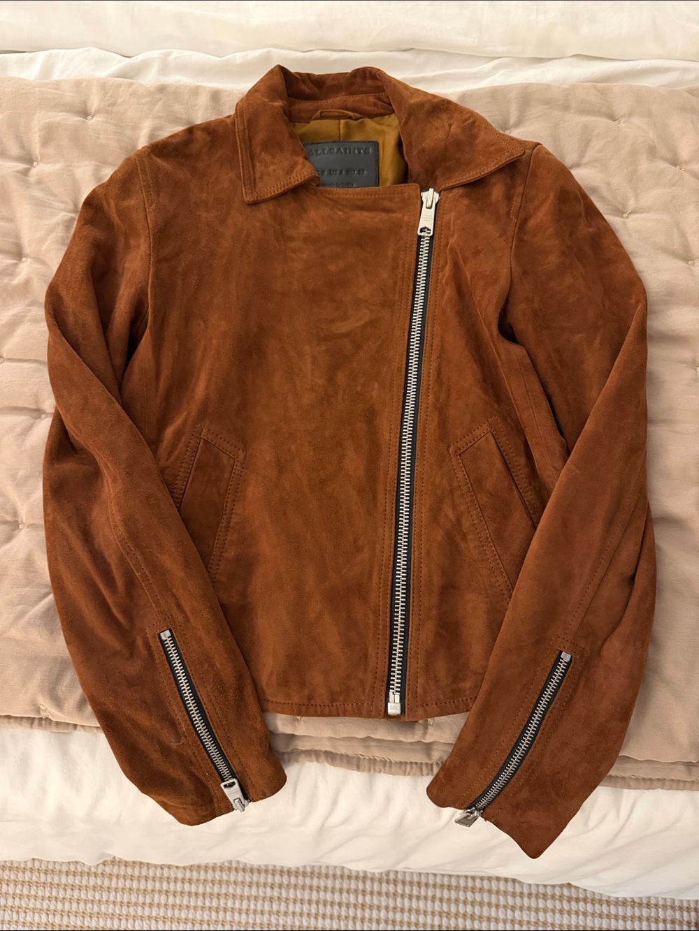 All Saints Rust Suede Asymmetric Moto Jacket